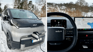 KIA PV5 som laddas och interiör
